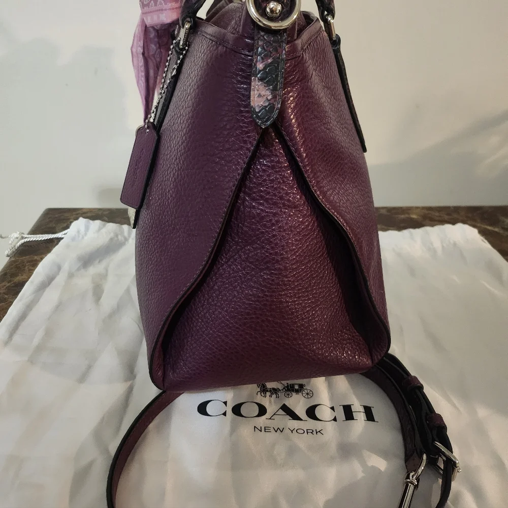 Coach Plum Pebbled Leather 2way Satchel W Scarf EUC - Picture 12 of 16